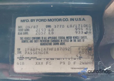 1987 Ford Mustang Lx из США, поврежденный, VIN 1FABP41A7HF187092